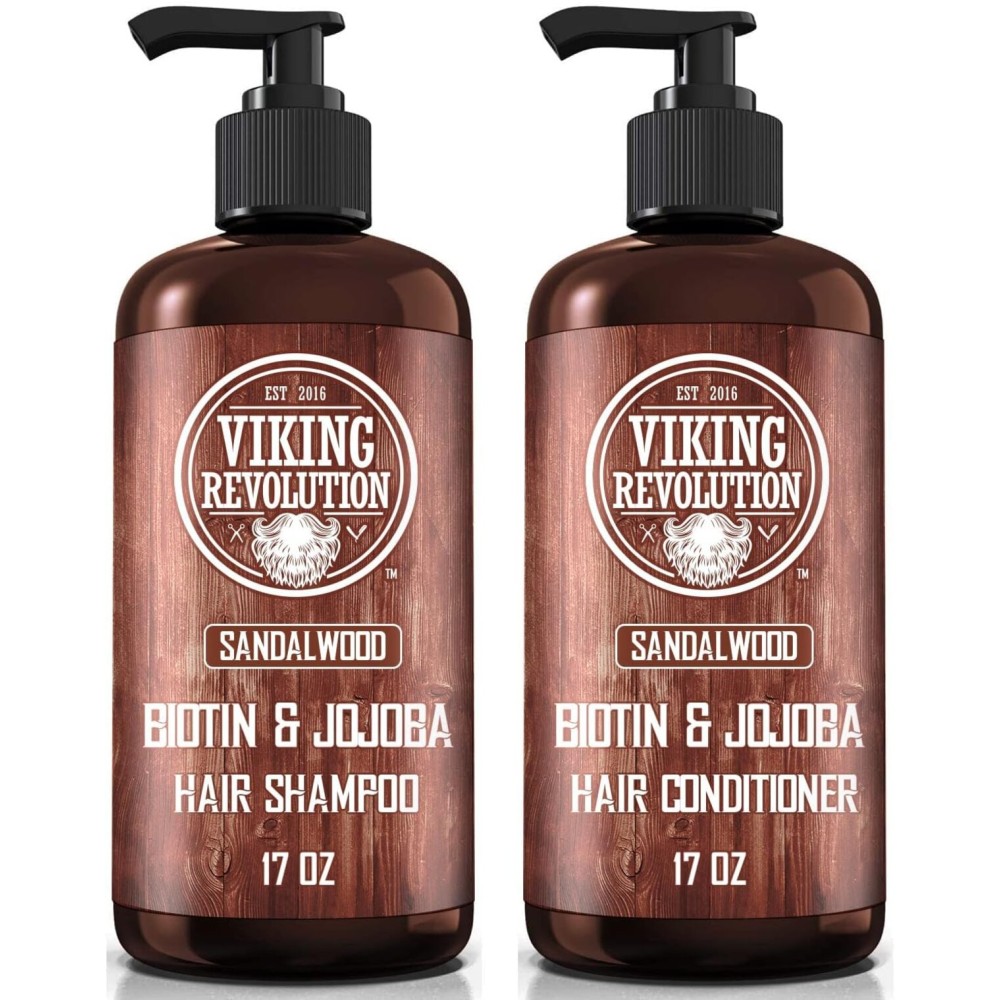 Viking Revolution Sandalwood Shampoo and Conditioner Set with Biotin and Jojoba Oil - Natural Hair Shampoo and Hair Conditioner for Men with Vitamin B5 (17 Oz)