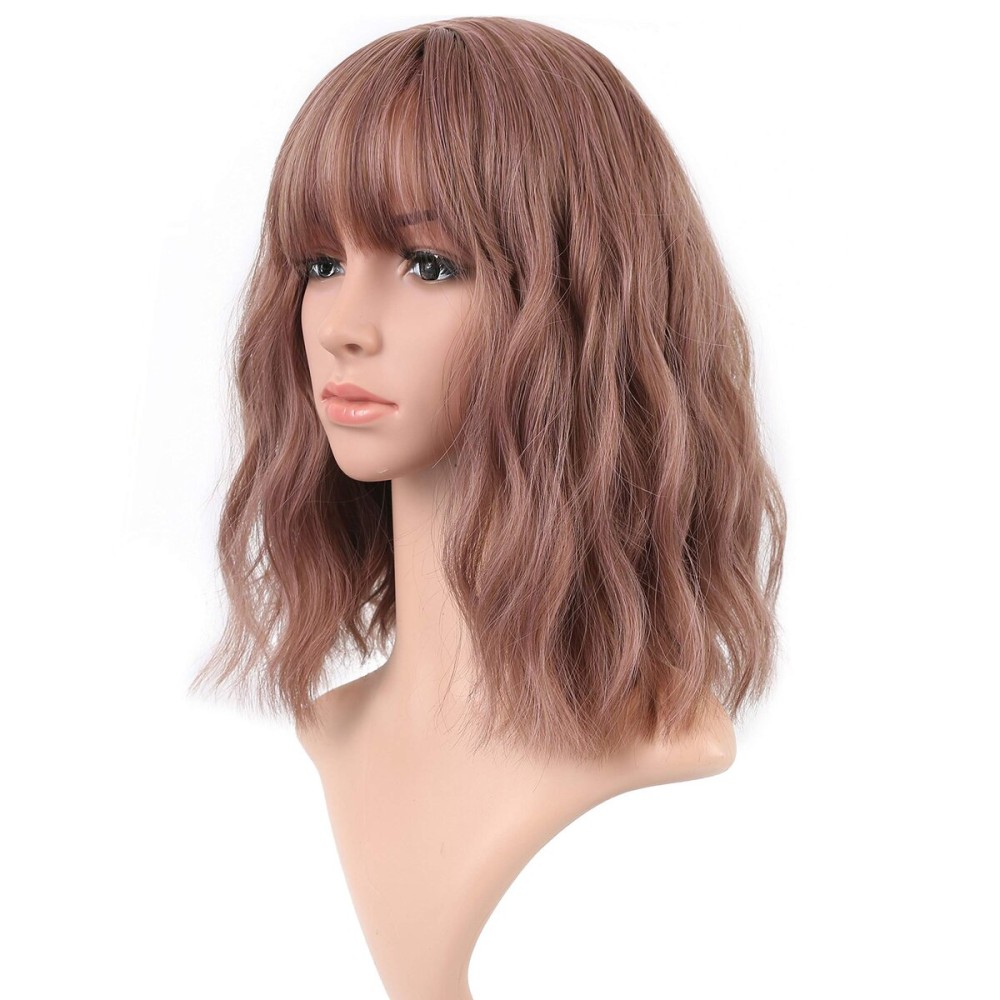 VCKOVCKO Rattan Short Natural Wavy Wig With Air Bangs Shoulder Length Curly Cosplay Synthetic Wig Bob Wig for Girl and Women\'s Colorful Wigs(12,Rattan-B)