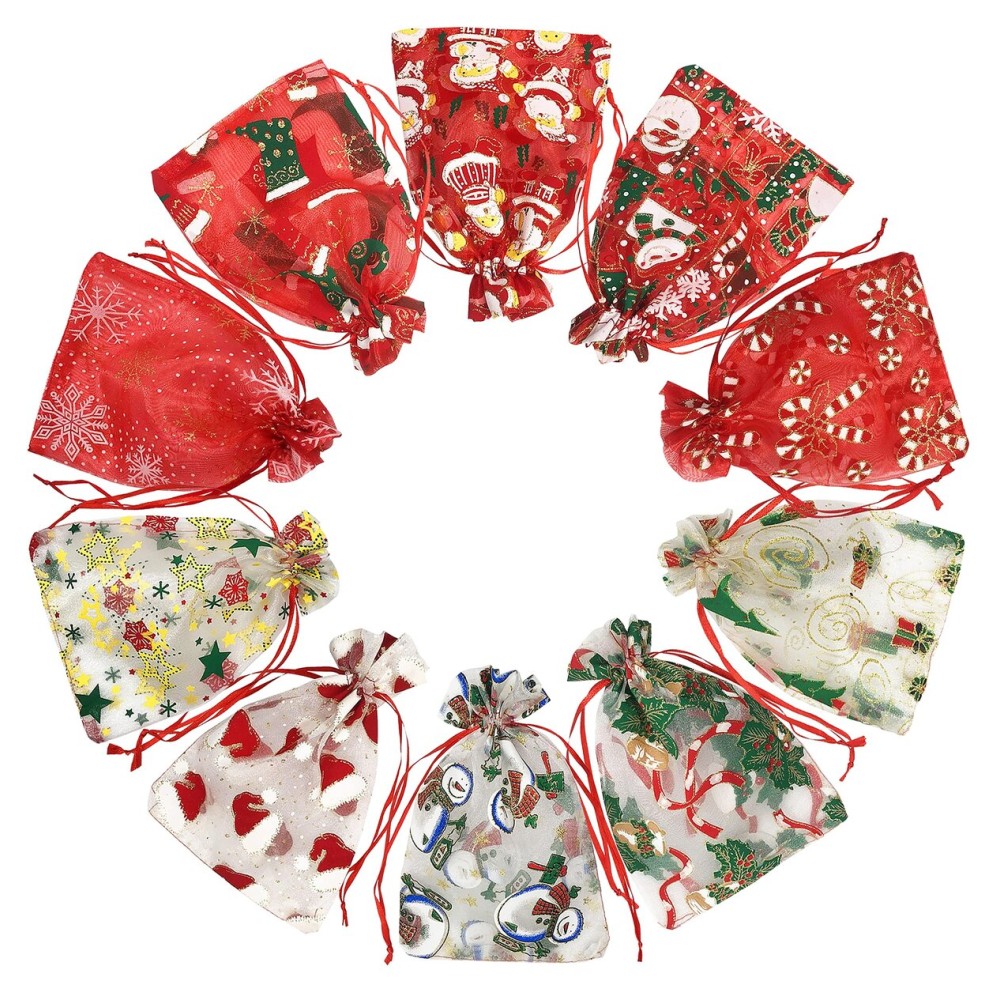 Jexila 24PCS Christmas Organza Gift Bag 4X6 with Drawstring 11 Mix Pattern Small Goodie Candy Party Favor Xmas Gift Bags