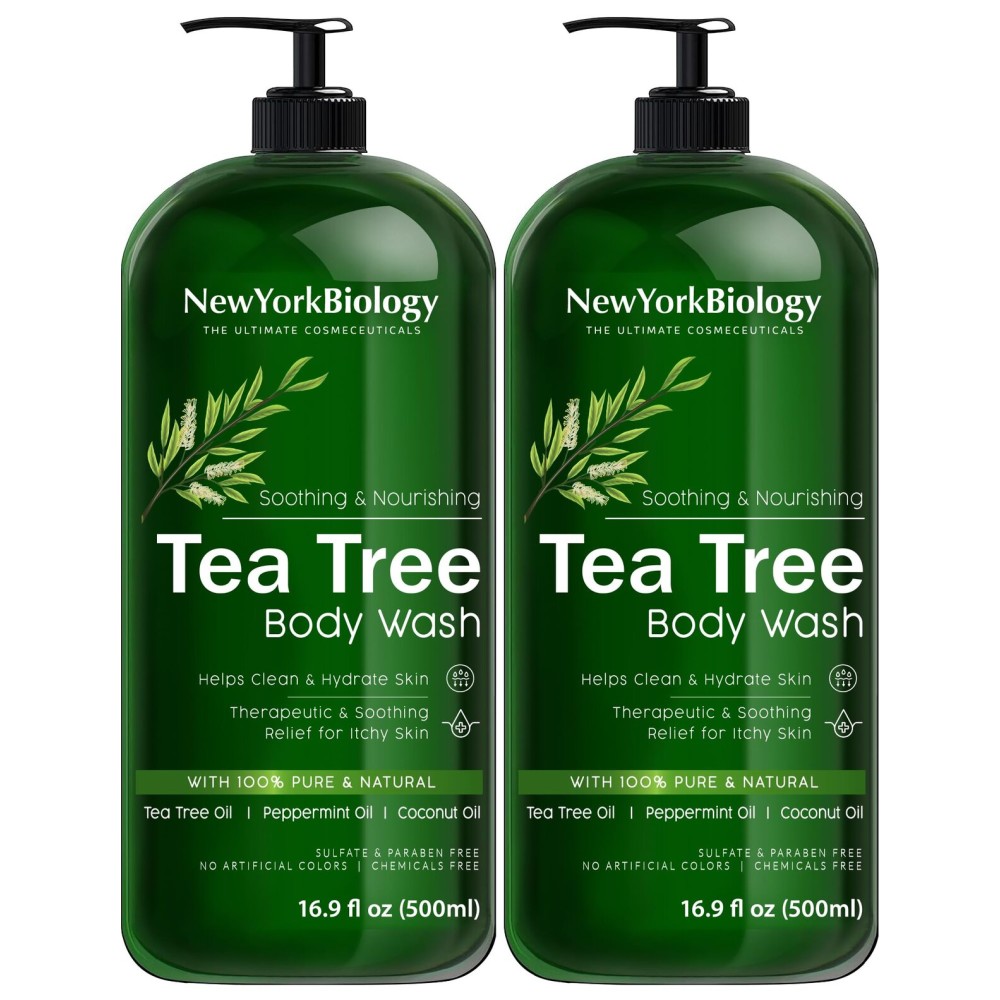 New York Biology Tea Tree Body Wash for Men and Women - Moisturizing Body Wash Helps Soothe the Skin - Refreshing and Hydrating Cleanser for Body and Feet - 16.9 Fl Oz (Pack of 2)