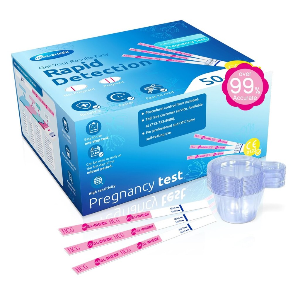HEAL-CHECK 50 Count Pregnancy Tests with Cups, Bulk Pregnancy Test Strips for Detection at Home, Over 99% Accuracy, Individually Wrapped Fertility Tests, Extra-Wide 5mm HCG Tests, Pruebas De Embarazo