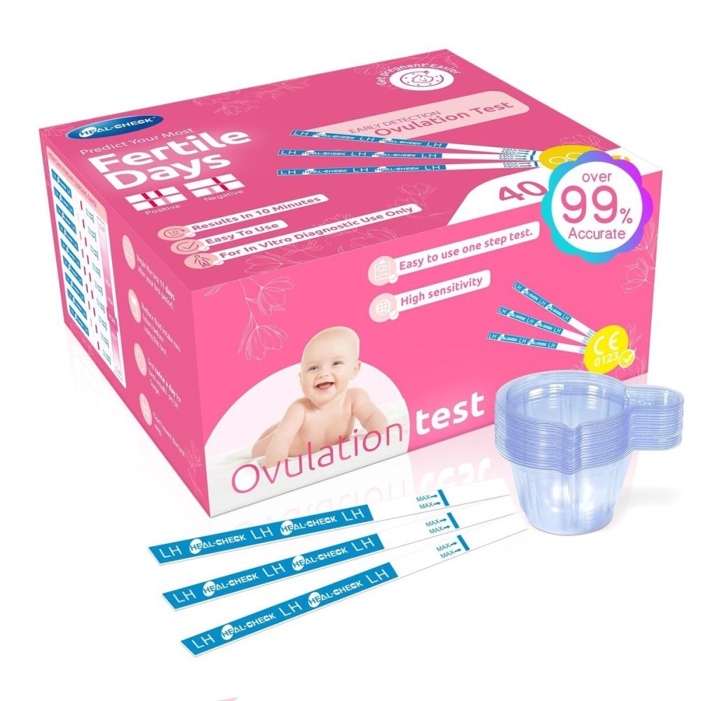 HEAL-CHECK 40 Count Ovulation Test Strips with Cups, Bulk Ovulation Test Strips for Women, Ovulation Predictor Kit, Accurate Fertility Tests for Home, Individually Wrapped 5mm LH