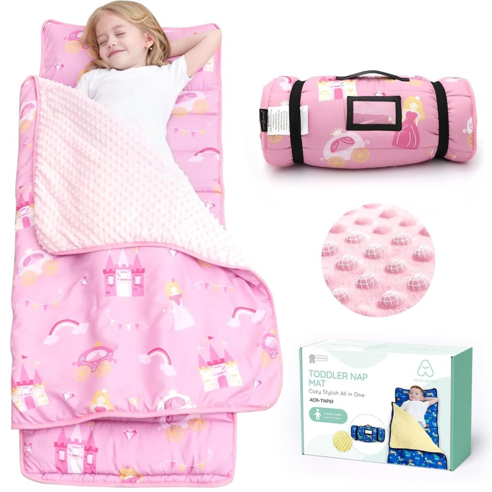 ACRABROS Toddler Nap Mat with Pillow and Blanket, Extra Large Rolled Napping Mats,Slumber Bags for Boys Girls,Kids Sleeping Bag for Daycare, Preschool Travel Camping,Little Princess