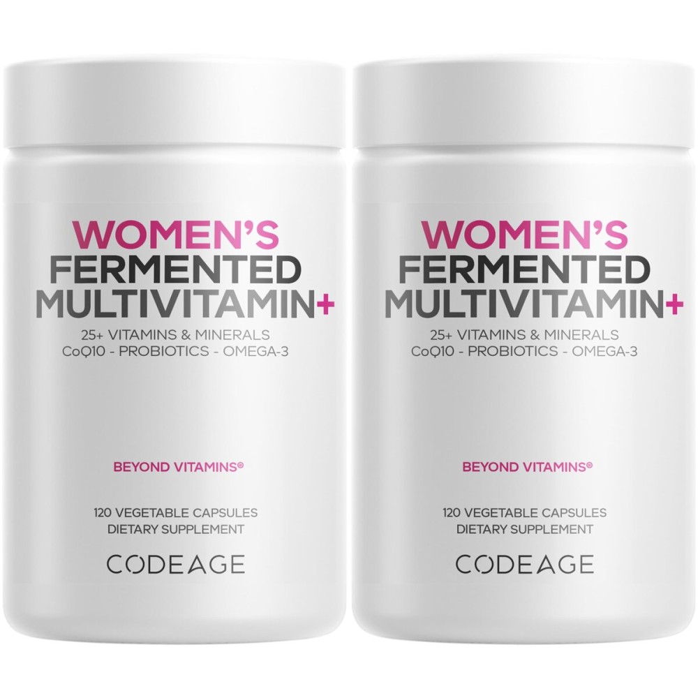 Codeage Womens Daily Multivitamin, 25+ Vitamins & Minerals, Fermented, Organic Whole Foods, Probiotics Supplement - Vitamin A, B, C, D, E & K, Omega 3, Zinc - Vegan - 2 Pack
