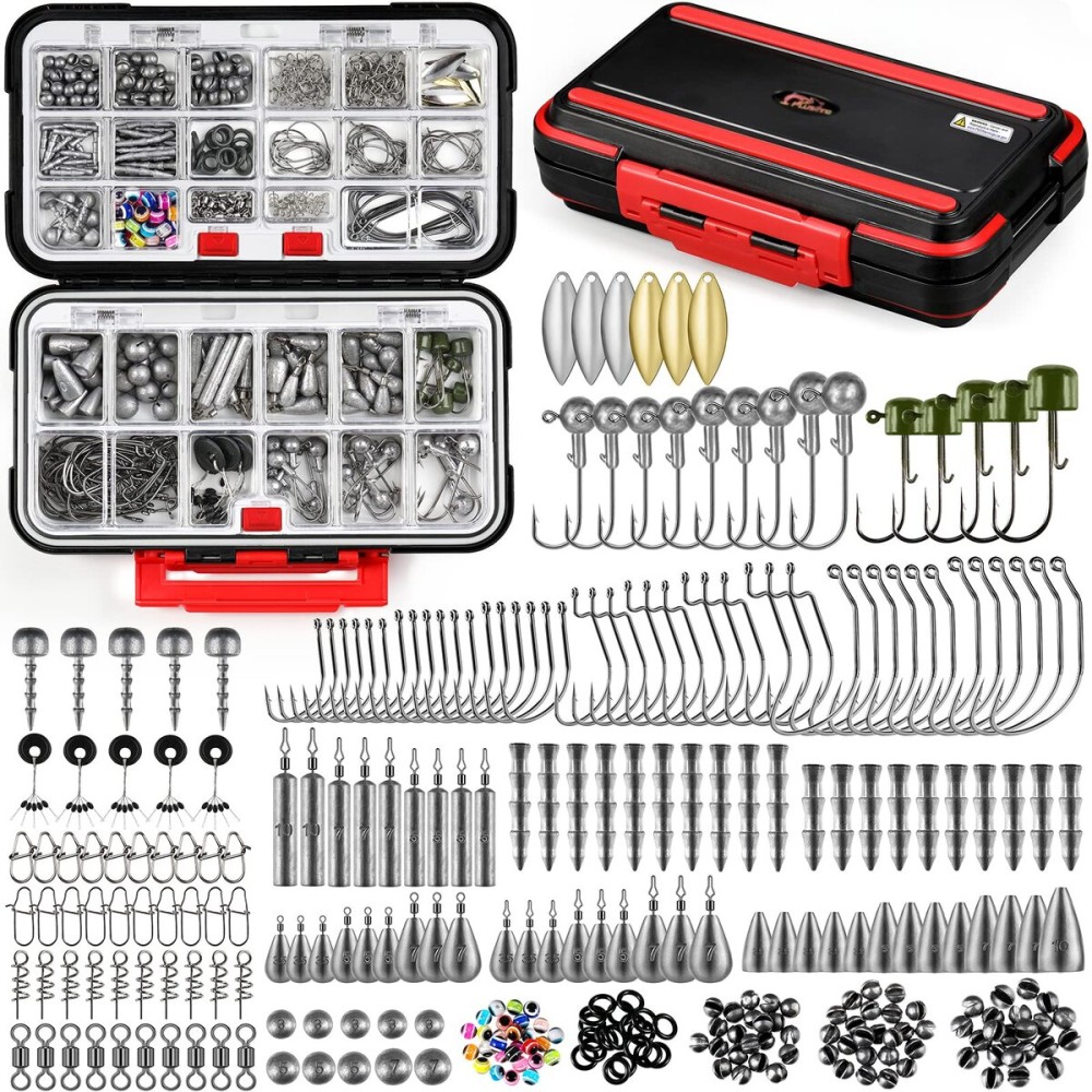 PLUSINNO 387pcs Fishing Accessories Kit, Fishing Tackle Box with Tackle Included, Fishing Hooks, Fishing Weights, Spinner Blade, Fishing Gear for Bass, Bluegill, Crappie