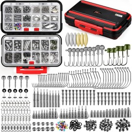 PLUSINNO 387pcs Fishing Accessories Kit, Fishing Tackle Box with Tackle Included, Fishing Hooks, Fishing Weights, Spinner Blade, Fishing Gear for Bass, Bluegill, Crappie