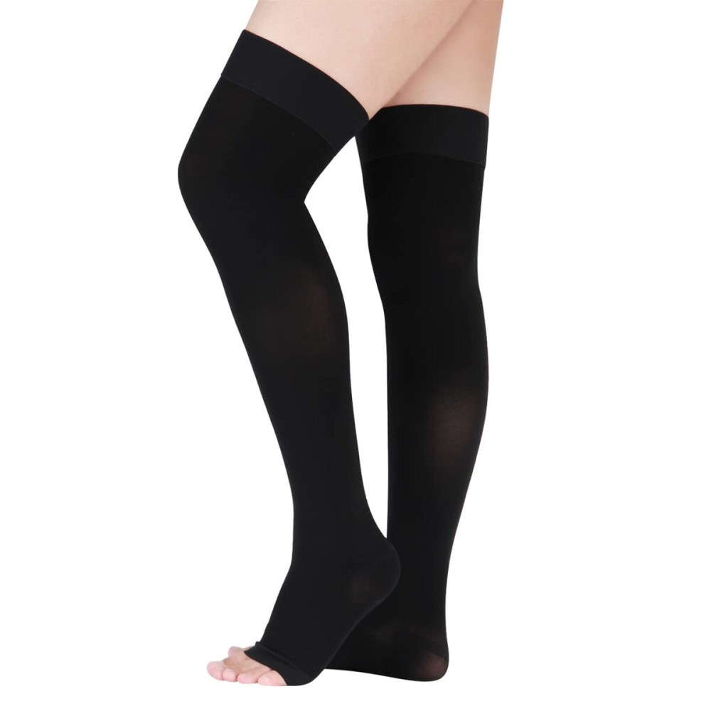 Lin Performance 15-20 mmHg Medical Compression Stockings for Women and Men Thigh High Dot-Top Open Toe Socks for Varicose Vein Swollen legs Travel Flight Pregnant(Black,XL)