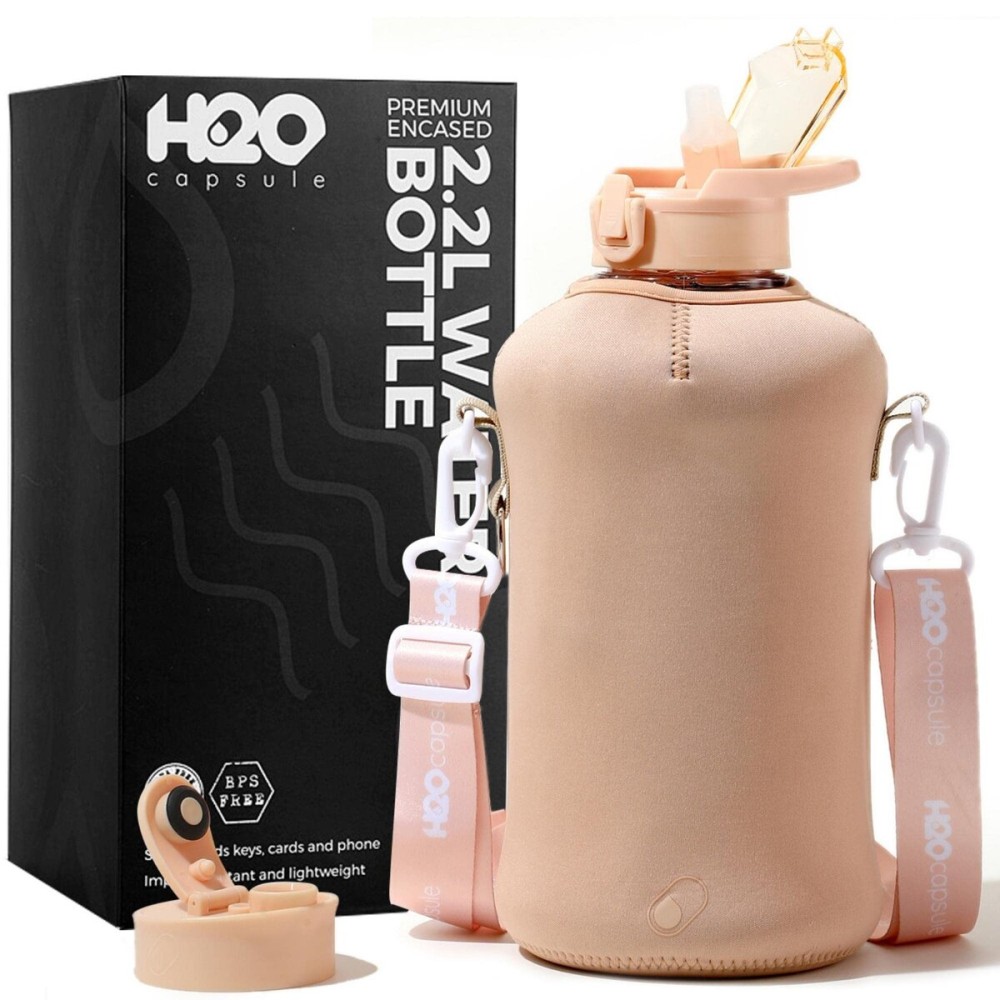 H2O Capsule 2.2L Half Gallon Water Bottle with Storage Sleeve and Covered Straw Lid - BPA Free Large Reusable Drink Container with Handle - Big Sports Jug, 2.2 Liter (74 Ounce), Sandy Beige