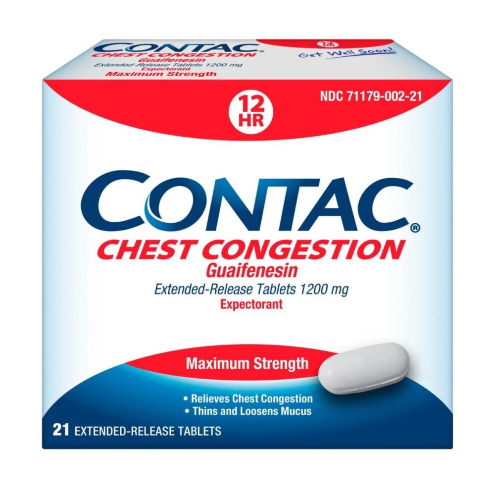 Contac Chest Congestion, Maximum Strength Expectorant Controls Cough and Thins and Loosens Mucus, Extended Release Tablets, Guaifenesin 1200 mg, Extended Release Tablets, 21 Count