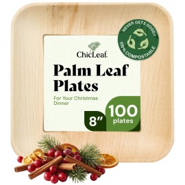 Chic Leaf Square Bamboo Palm Leaf Disposable Plates - 8 Pack of 100 - Biodegradable & Compostable Dinnerware - Disposable Party & Appetizer Plates - Eco-Friendly Dessert Trays for Christmas Meal