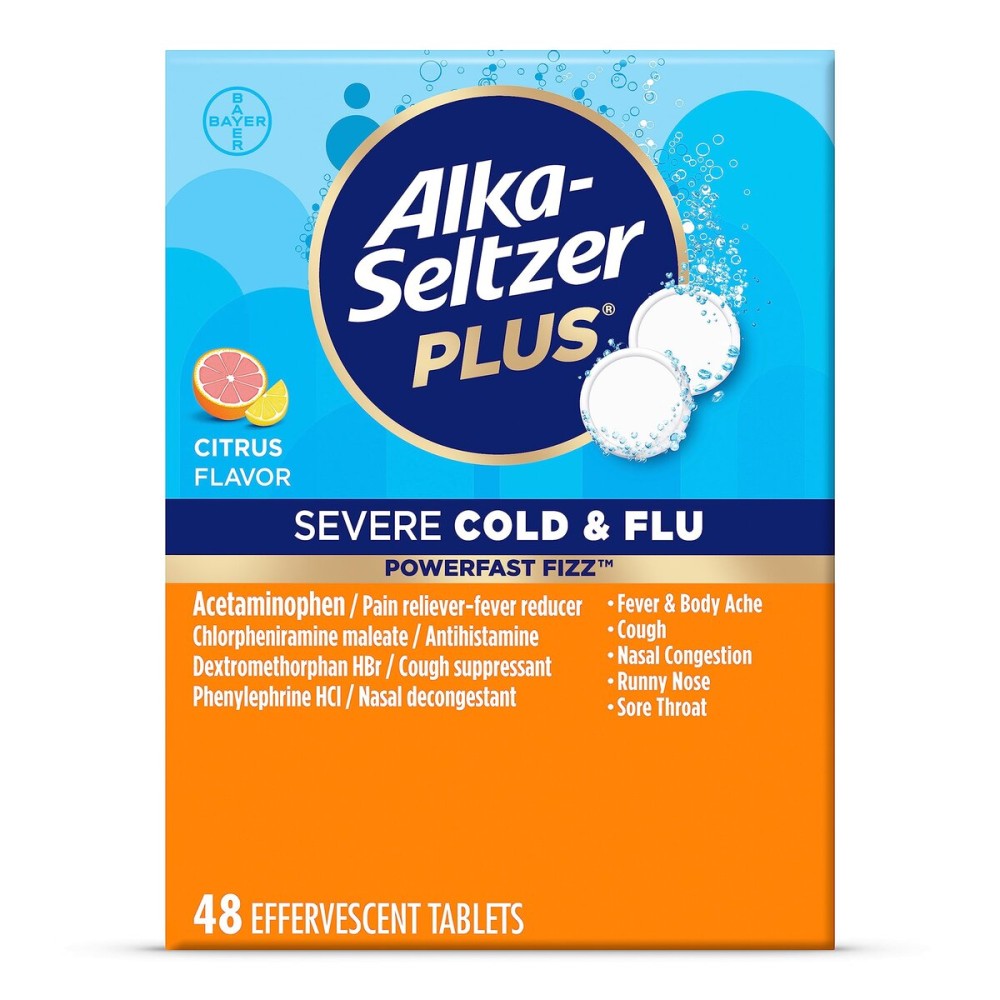 ALKA-SELTZER PLUS Severe, Cold & Flu Medicine, Citrus Effervescent Tablets, Nasal & Sinus Congestion, Sneezing, Runny Nose, Cough, Sore Throat, Fever, Headache and Body Aches & Pains, 48ct, Orange
