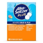 ALKA-SELTZER PLUS Severe, Cold & Flu Medicine, Citrus Effervescent Tablets, Nasal & Sinus Congestion, Sneezing, Runny Nose, Cough, Sore Throat, Fever, Headache and Body Aches & Pains, 48ct, Orange