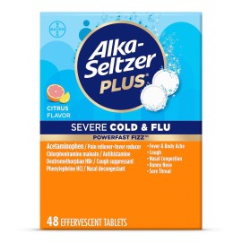 ALKA-SELTZER PLUS Severe, Cold & Flu Medicine, Citrus Effervescent Tablets, Nasal & Sinus Congestion, Sneezing, Runny Nose, Cough, Sore Throat, Fever, Headache and Body Aches & Pains, 48ct, Orange