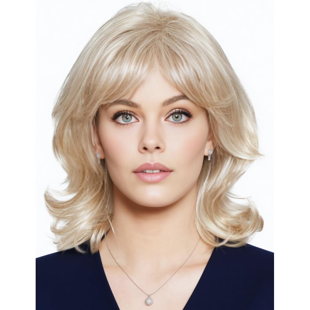 TISHINING Medium Curly Blonde Wigs for White Women Layered Mixed Blonde Curly Wavy Wig with Curtain Bangs Natural Looking Synthetic Halloween Cosplay Daily Party Wig (16 Inch) 