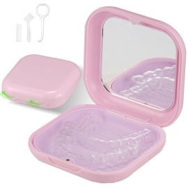 Retainer Case, Slim Aligner Case with Mirror, Compatible with Invisalign, Night Guard and Mouth Guard, Premium Retainer Case, With Aligner Remover Tool, Chew & Brush, Pink