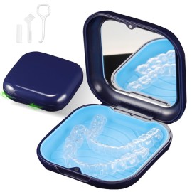 Retainer Case, Slim Aligner Case with Mirror, Compatible with Invisalign, Night Guard and Mouth Guard, Premium Retainer Case, With Aligner Remover Tool, Chew & Brush, Blue