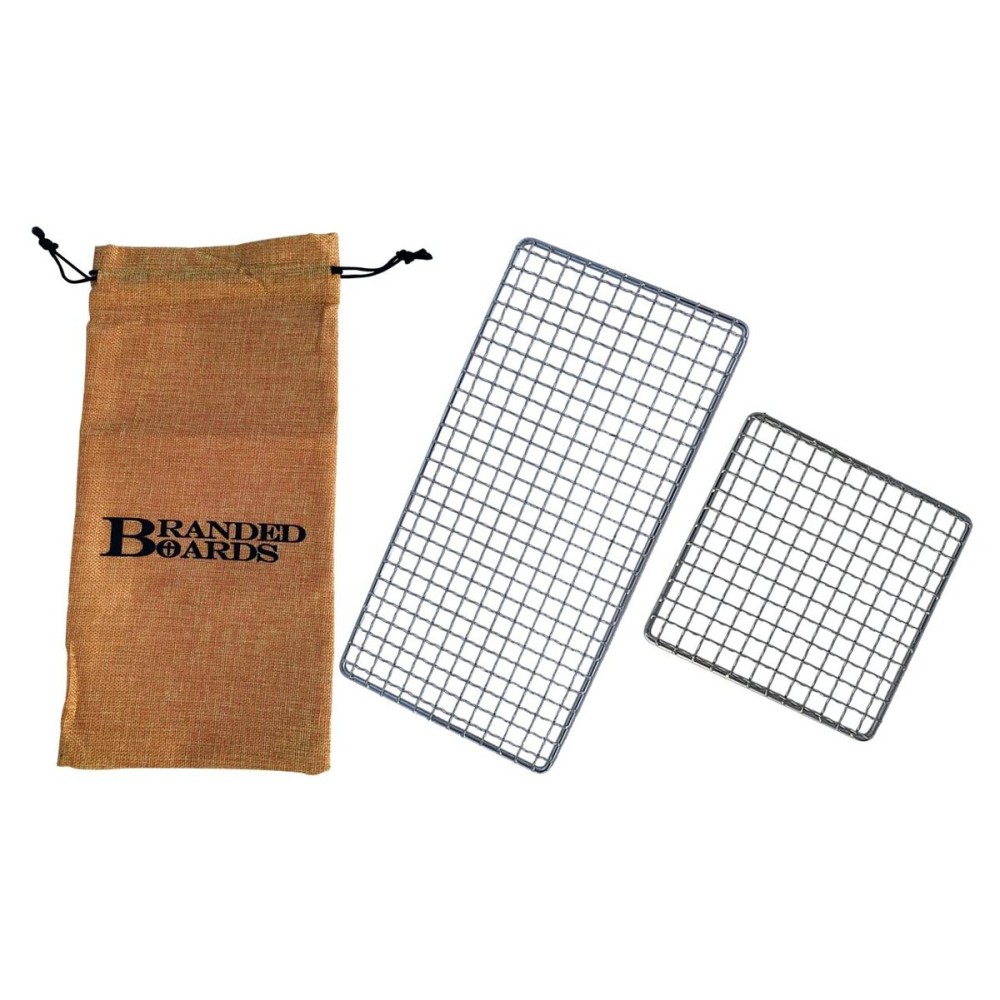 Branded Boards Portable Bushcraft Stainless Steel BBQ Cooking Grill Grate, Survival Bugout Fire Starter Kit, Ferro Rod, Waxed Jute Tinder, Striker, Burlap Bag (Small Grill + Large Grill + Bag)