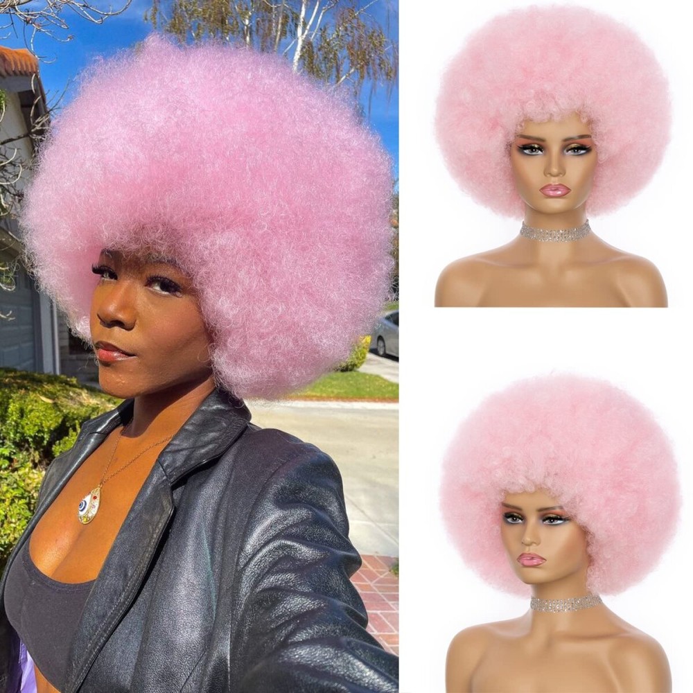 JSDshine Pink 70s Afro Kinky Curly Wig For Women - Soft, Bouncy, Natural Looking Synthetic Hair Wig With Bangs