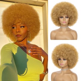JSDshine Afro Wig For Women - Blonde Soft 70s Afro Kinky Curly Hair Wigs With Bangs Natural Looking Short Afro Curly Wig Bouncy Brown Puff Synthetic Hair Wig For Daily Party Use