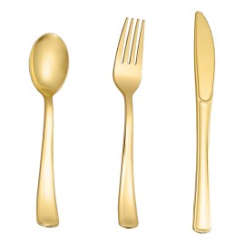 N9R 500PCS Gold Plastic Silverware - Gold Plastic Cutlery Set Disposable Flatware Dinnerware -200 Forks, 150 Spoons, 150 Knives for Party, Birthday, Wedding Utensils
