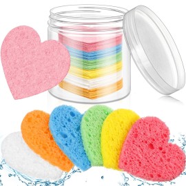 Nuenen 60 Pieces Facial Sponges with Container, Heart Shape Compressed Face Sponges Natural Cleaning Pads for Washing Face Cleaning Exfoliating Esthetician Makeup Removal(Multi Colors)