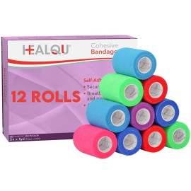 HEALQU Self Adhesive Bandage Wrap - Cohesive Tape for Athletic and Sports 3x5yd, 12 Rolls - Self Adherent Medical Tape, Flexible, Elastic Bandages Multicolor for Wrist & Ankle Vet Wrap for Dogs