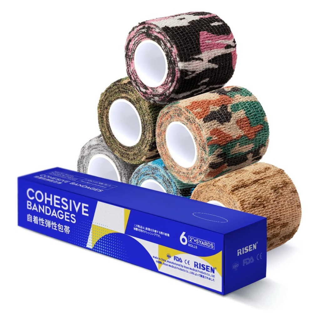 RISEN Cohesive Bandage 2 x 5 Yards, 6 Rolls, Self Adherent Wrap Medical Tape, Adhesive Flexible Breathable First Aid Gauze Ideal for Stretch Athletic (Multicolor Camouflage)