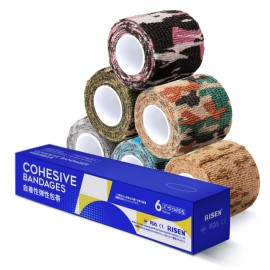 RISEN Cohesive Bandage 2 x 5 Yards, 6 Rolls, Self Adherent Wrap Medical Tape, Adhesive Flexible Breathable First Aid Gauze Ideal for Stretch Athletic (Multicolor Camouflage)