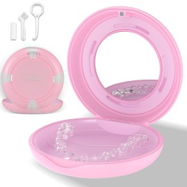 Retainer Case, Slim Aligner Case with Adjustable Vent Holes and Mirror, Compatible with Invisalign, Night Guard and Mouth Guard, Premium Retainer Case, With Aligner Remover Tool, Chew & Brush, Pink