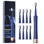 AJELU IPX7 Waterproof Sonicare Electric Toothbrush, 2-Hour Fast Charge with Intelligent Time Reminder, 5 Modes, 8 Brush Heads, Travel, Indoor, Outdoor, Blue