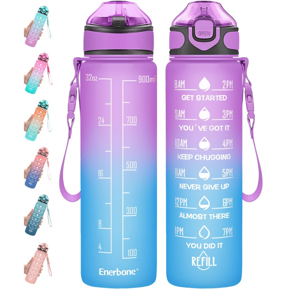 Enerbone 32 oz Drinking Water Bottle with Times to Drink and Straw, Motivational with Carrying Strap, Leakproof BPA & Toxic Free, Ensure You Drink Enough Water for Fitness Gym Outdoor