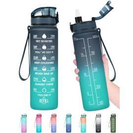 Enerbone 32 oz Water Bottle, Leakproof BPA & Toxic Free, Motivational Water Bottle with Times to Drink and Straw, Fitness Sports Water Bottle with Strap for Office, Gym, Outdoor Sports