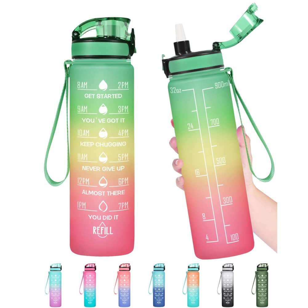 Enerbone 32 oz Water Bottle, Leakproof BPA & Toxic Free, Motivational Water Bottle with Times to Drink and Straw, Fitness Sports Water Bottle with Strap for Office, Gym, Outdoor Sports