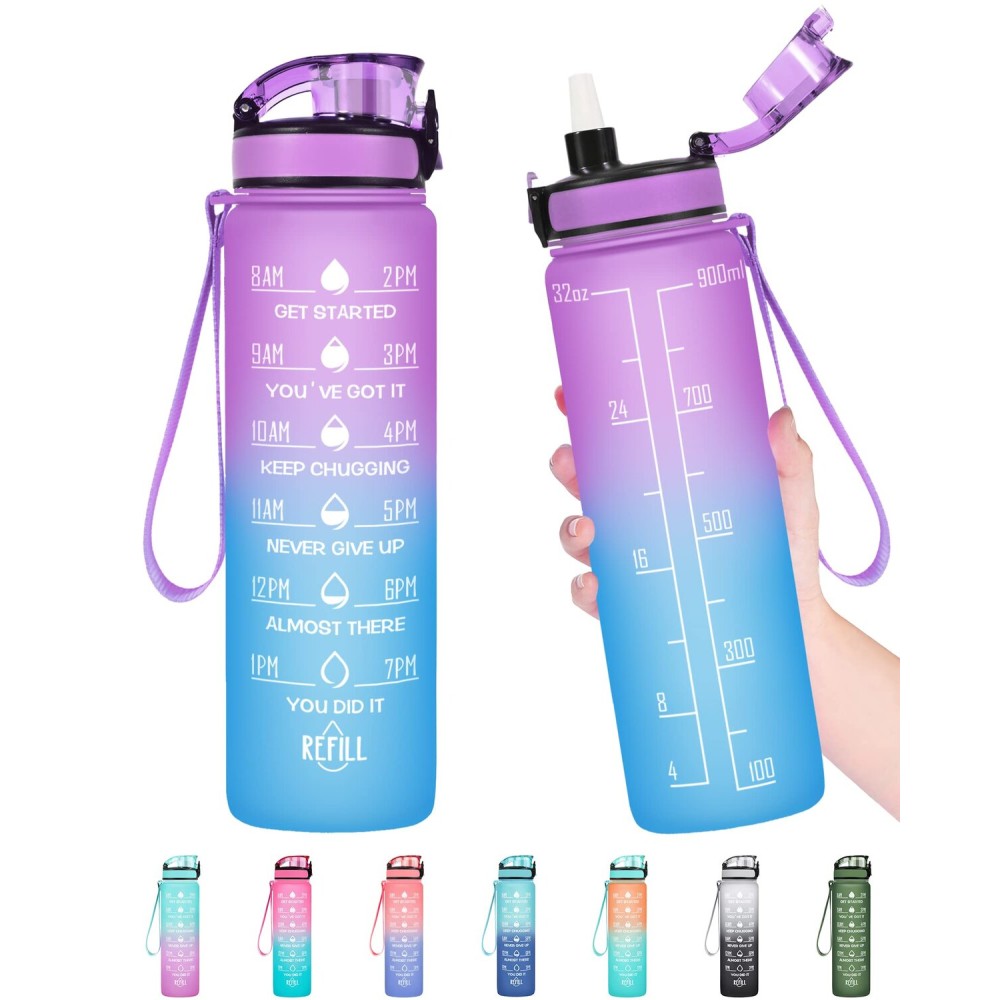 Enerbone 32 oz Water Bottle, Leakproof BPA & Toxic Free, Motivational Water Bottle with Times to Drink and Straw, Fitness Sports Water Bottle with Strap for Office, Gym, Outdoor Sports