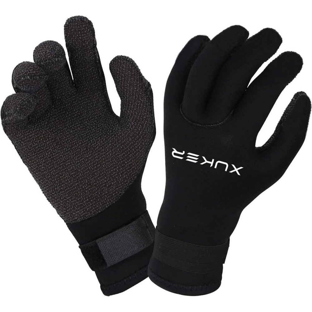 XUKER Water Gloves, 5mm Neoprene Five Finger Warm Wetsuit Winter Gloves for Scuba Diving Snorkeling Paddling Surfing Kayaking Canoeing Spearfishing Skiing (5mm Black Kevlar, M)