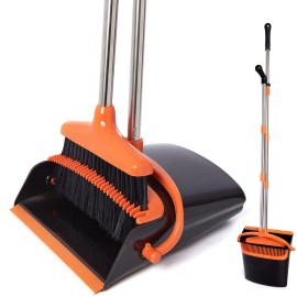 XXFLOWER Broom and Dustpan Set with Long Handle, Light Weight Stainless Steel Poles Stand Upright Dustpans with Broom Combo for Home Kitchen Office Pet Dog Hair, Black & Orange Color, 1-Pack