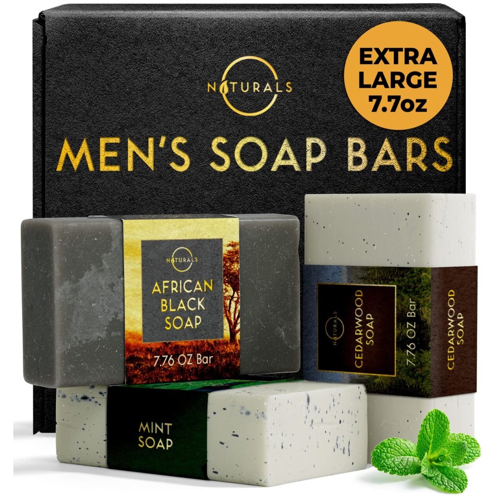 O Naturals Bar Soap for Men - 3-Pcs Mens Soap Bar - Natural Soap - Mens Soap - Body Men Soap Bars - Natural Soap for Men - Organic Men\'s Soap Bars - Exfoliating Bar Soap - African Black,Cedarwood,Mint