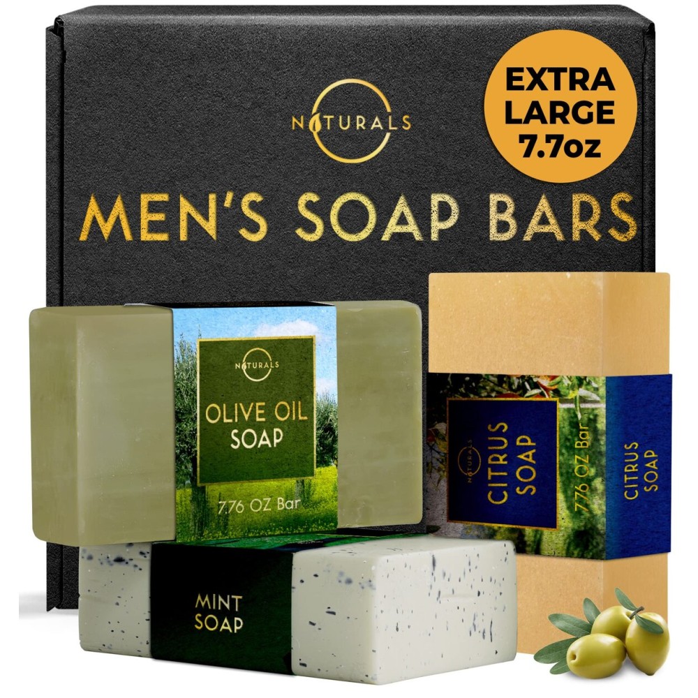 O Naturals Bar Soap for Men - 3-Pcs Mens Soap Bar - Natural Soap - Mens Bar Soap - Body Soap Bars - Men Soap - Natural Soap for Men - Organic Men\'s Soap Bars - Exfoliating Soap Bar - Citrus,Olive&Mint