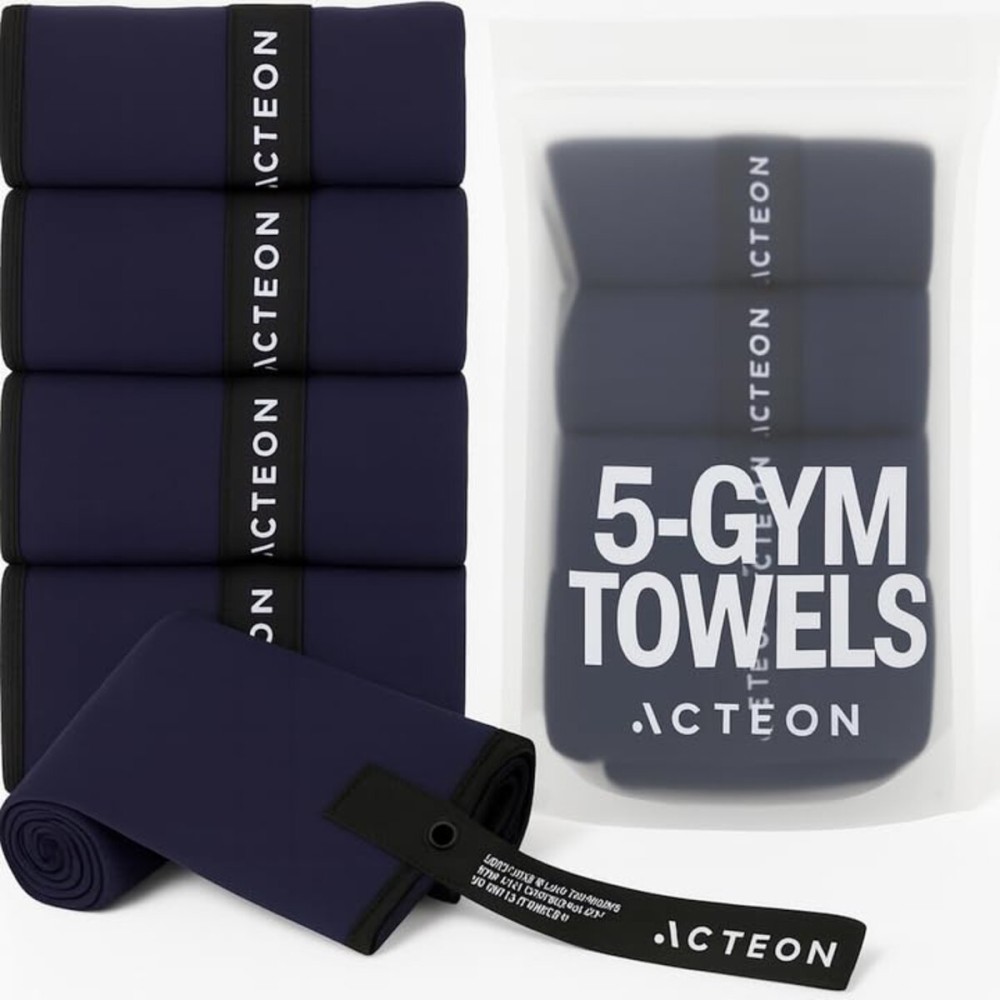 Acteon Microfiber Gym Towels 5 Pack, Quick Dry Silver ION Odor-Free Super Absorbent Sweat Towels for Men & Women, Workout, Yoga, Running, Beach, Travel - 16x30.5 Inch (Midnight Blue)