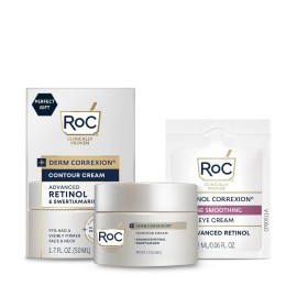 RoC Derm Correxion Neck Cream with Hyaluronic Acid + Advanced Retinol to visibly Tighten & Lift Horizontal Neck Lines, Facial Moisturizer to Contour Face (1.7 oz) with RoC Retinol Eye Packette