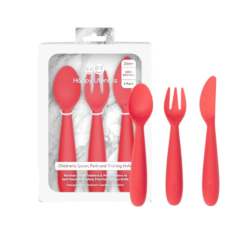 ezpz Happy Utensils - 24 Months+ (Coral) - BPA Free Toddler Utensils - Fork, Spoon and Knife for Toddlers and Preschoolers - For Self-Feeding Development