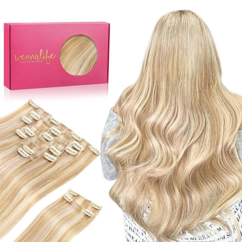 WENNALIFE Hair Extensions Clip In, 9pcs 20inch 150g Dirty Blonde Highlighted Bleach Blonde Thicker Clip In Hair Extensions Real Human Hair Remy hair extension Double Weft Clip in Human Hair Extensions