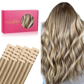 WENNALIFE Tape in Hair Extensions Human Hair, 20pcs 50g 16 inch Ash Brown with Platinum Blonde Highlights Remy Hair Extensions Straight Human Hair Tape in Extensions Skin Weft Tape Extensions