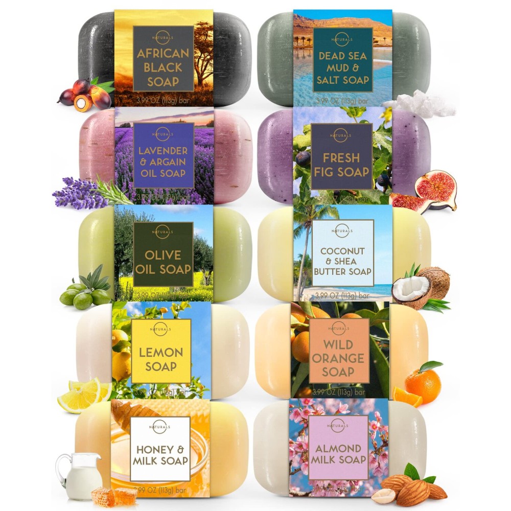 O NATURALS 100% Natural Bar Soap - Gift Set - Organic Ingredients & Essential Oils - Spa Gifts for Women & Men, Body Wash & Face Soap - 10PC Variety Soaps Collection