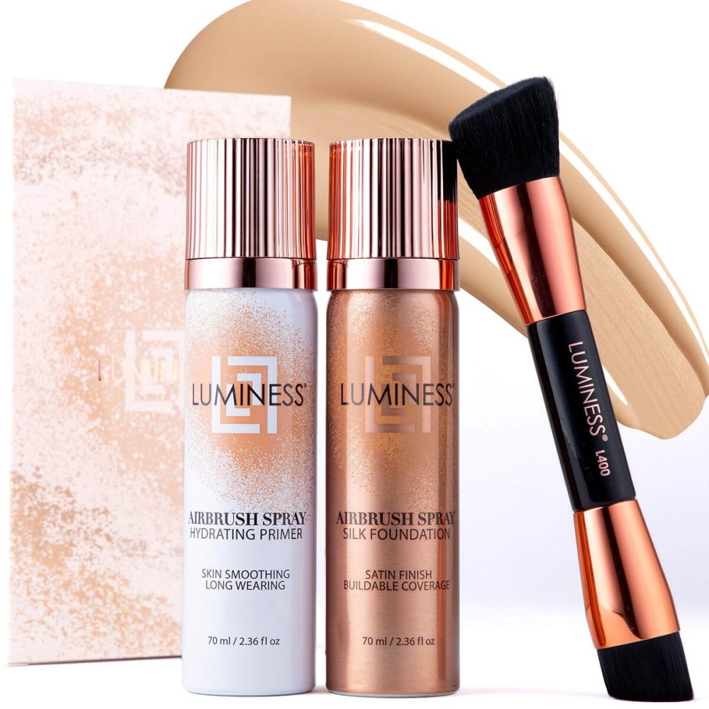 LUMINESS Airbrush Spray Silk Foundation Starter Kit - Fair - Foundation, Primer & Dual-Sided Angled Buffing Brush - Medium, Buildable Coverage, Anti-Aging Formula Hydrates & Moisturizes