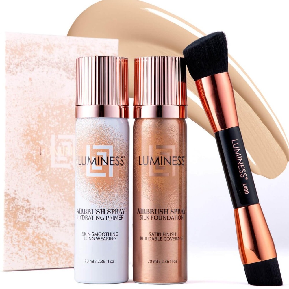 LUMINESS Airbrush Spray Silk Foundation Starter Kit - Fair Light - Foundation, Primer & Dual-Sided Angled Buffing Brush - Medium, Buildable Coverage, Anti-Aging Formula Hydrates & Moisturizes