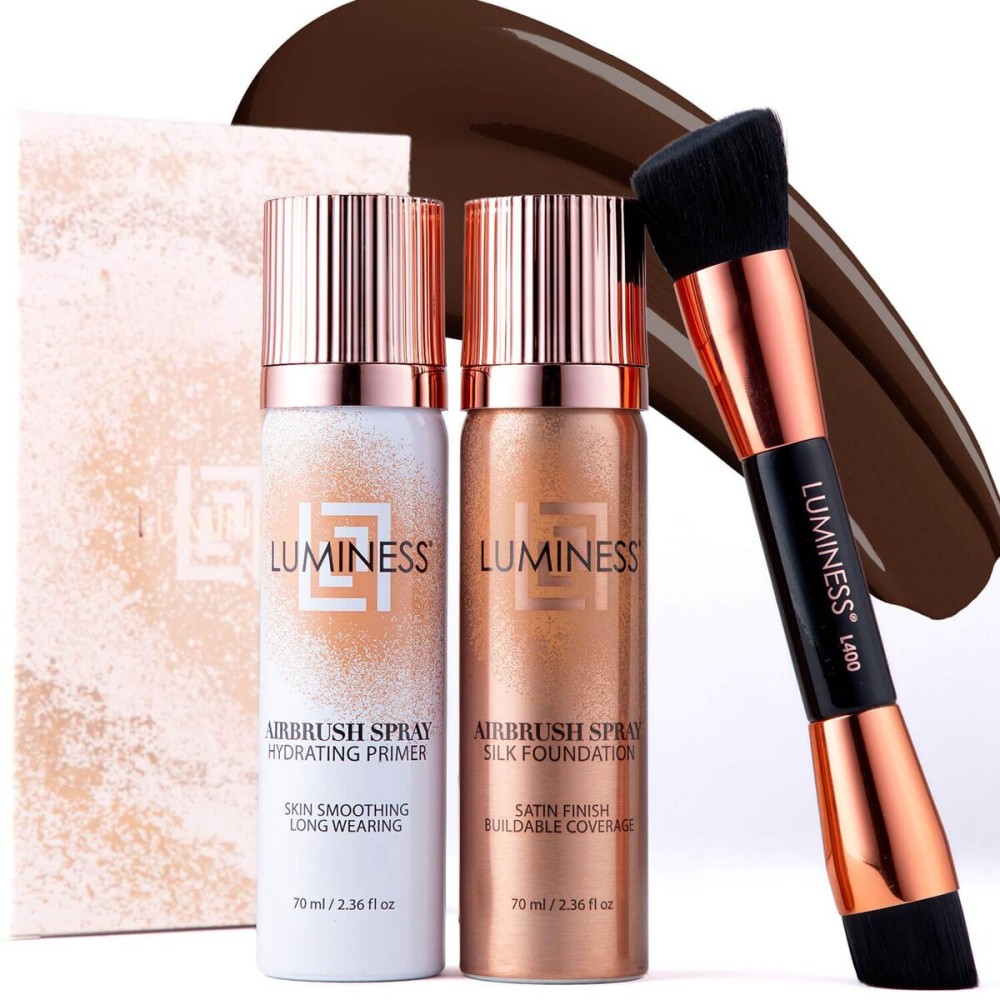 LUMINESS Airbrush Spray Silk Foundation Starter Kit - Rich - Foundation, Primer & Dual-Sided Angled Buffing Brush - Medium, Buildable Coverage, Anti-Aging Formula Hydrates & Moisturizes
