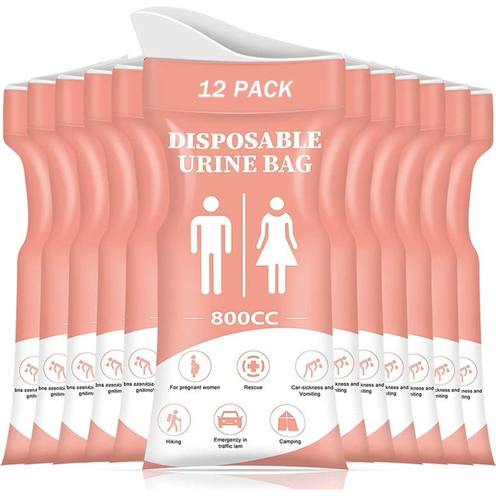 DIBBATU Disposable Urinal Bag,12 PCS 800ML Emergency Urine Bag, Unisex Urinal Bag, Portable Camping Pee Bag, Travel Urine Bags Vomit Bag for Traffic Jams, Camping, Hiking, Pregnant, Patient, Kid