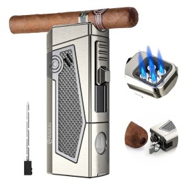 FANKAI Cigar Lighter 4-Torch Jet Flame - Cigar Punch, Holder, Draw Enhancer, Windproof Refillable Butane Lighter with Gift Box, Multi-Functional Smoking Accessories