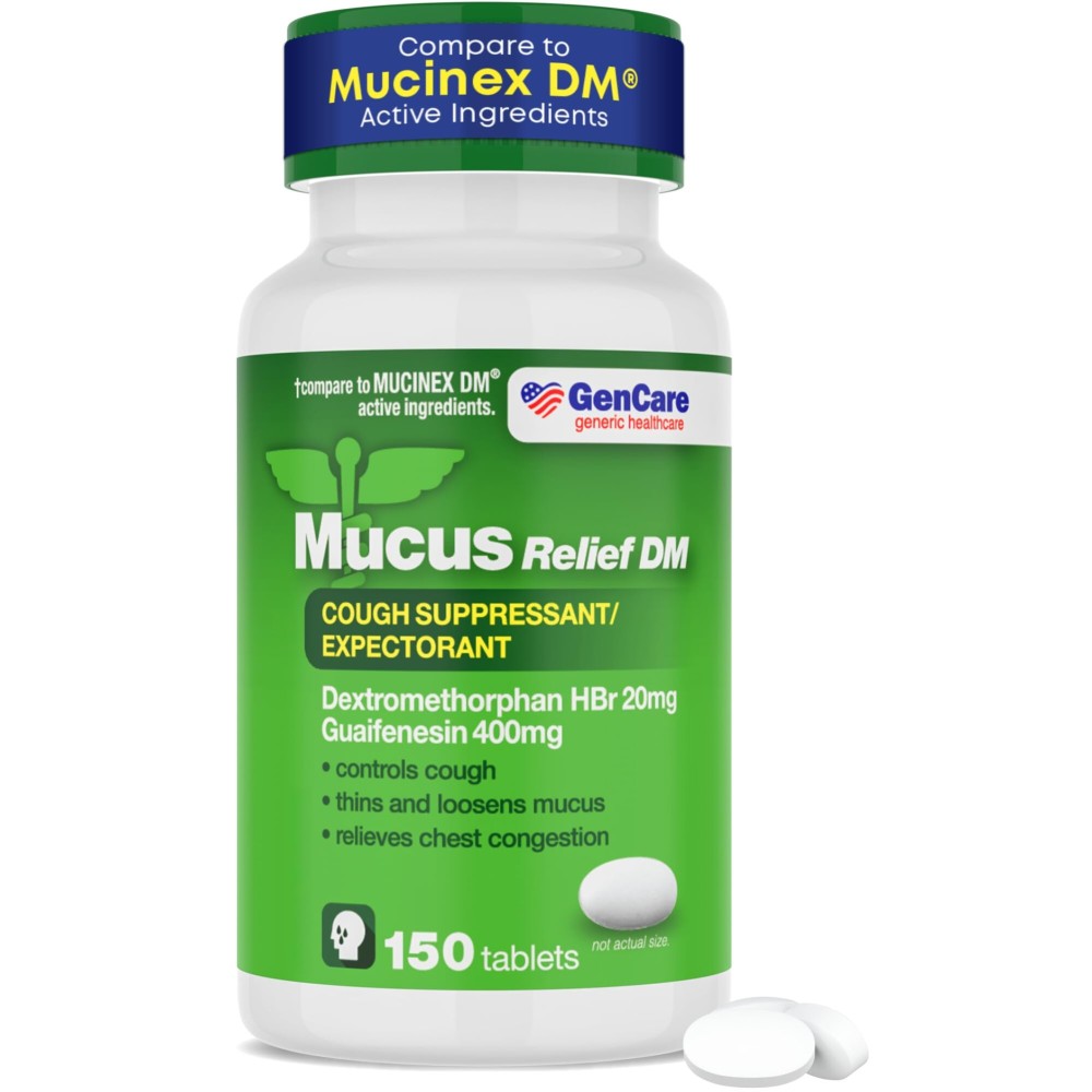 GenCare - Mucus Relief DM (150 Count Value Bottle) Dextromethorphan HBr 20mg Guaifenesin 400mg | Generic Mucus Relief DM | Immediate Release Uncoated Cough & Mucus Expectorant Pill